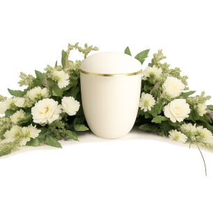 En vit urna med guldkant omgiven av vita blommor och gröna blad på en mjuk, grön bakgrund.